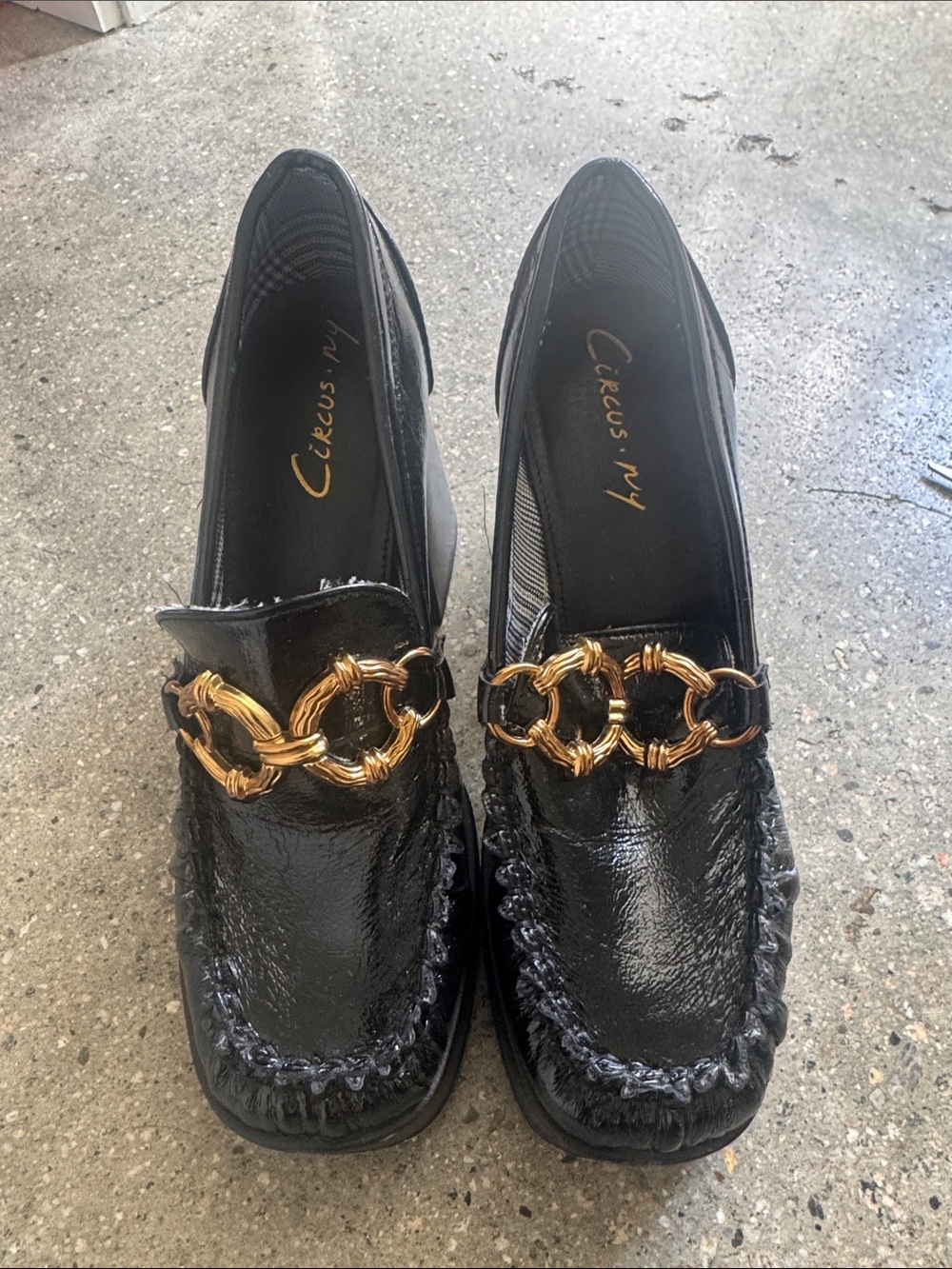 Circus by Sam Edelman Black Patent Loafers with Gold Chain Detail
